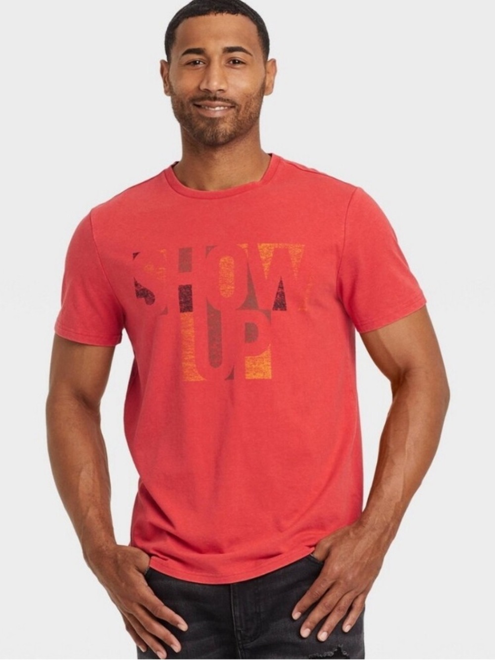 NWT Target Men's Red Graphic 'Show Up' Short Sleeve Tee w/Flaw